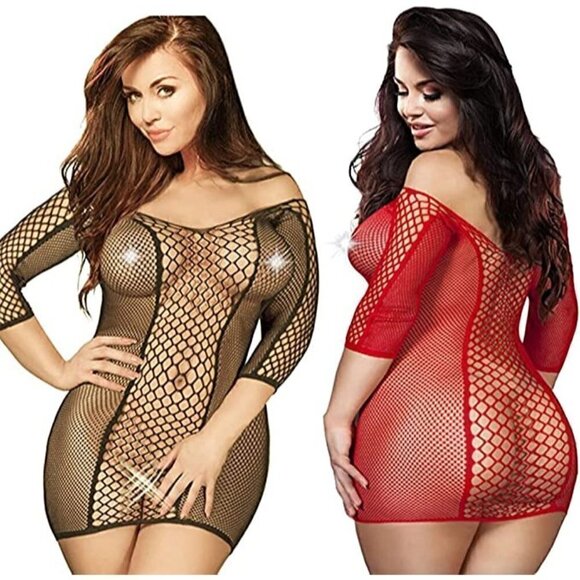 PLUS Size Seamless Fishnet Chemise Sexy Lingerie Mesh Long Sleeves Babydoll NWT